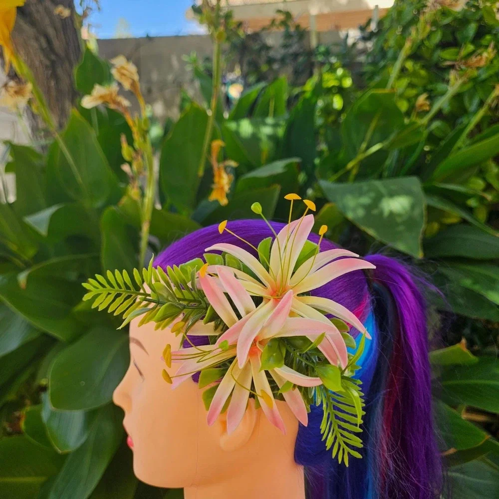 Handmade‎ Pink White Lily Hair Flower Clip Tiki Rockabilly Pinup Hawaiian